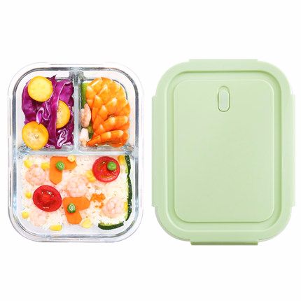 Popular microwave oven heat-resistant lunch box, glass bowl, student compartments lunch box set, office worker fruit box for preservation, medium length 650-2 compartments