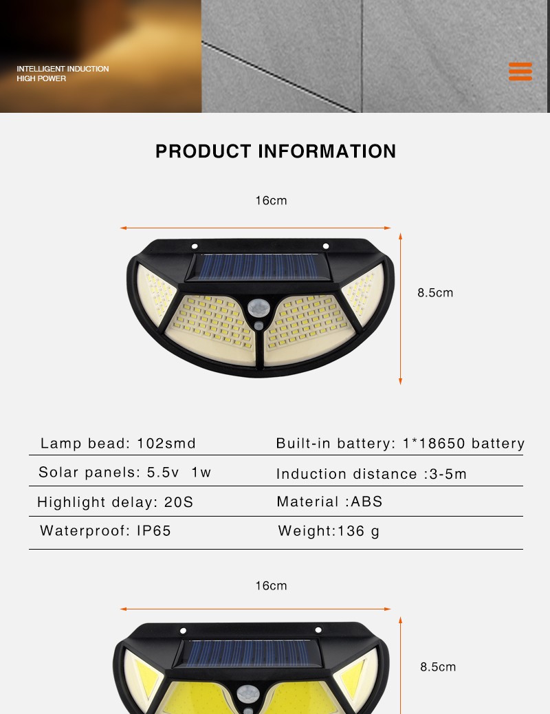太阳能灯 四面发光户外防水人体感应壁灯庭院路灯详情图2
