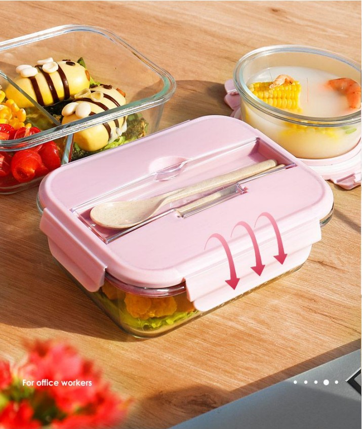 Office workers can heat lunch boxes in a microwave oven. High school girls' appearance level. Students' glass fruit preservation boxes. Lunch boxes. Split type. Wheat straw lunch boxes (with tableware) detail image 4