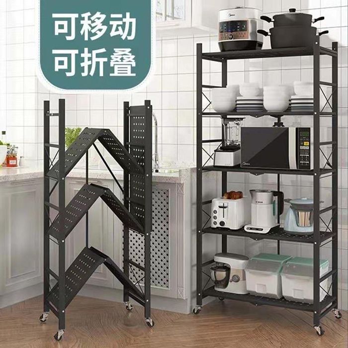 厨房置物架阳台落地多层放锅微波炉烤箱储物架收纳可折叠架A700五层网红折叠架 黑色产品图
