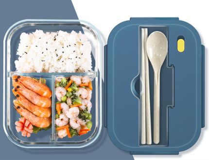 Office workers can heat in a microwave oven with separate glass lunch boxes with rice. Men's insulated bento box. Large-capacity Japanese PP bento box (with tableware)