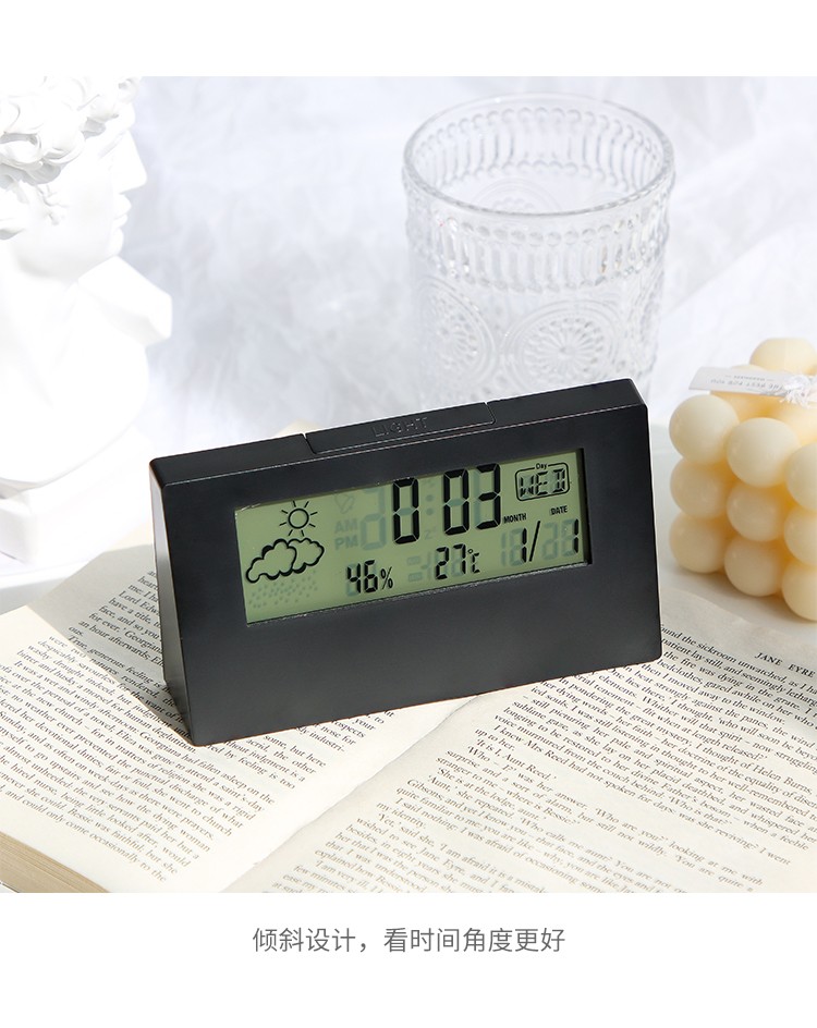简约电子闹钟天气日期温度显示夜光懒人闹钟摆件礼品电子温湿度计详情图7