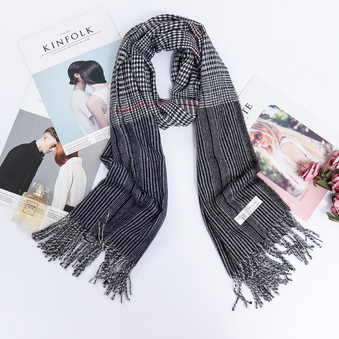 Imitation Cashmere Scarf Female Autumn And Winter Long Short Must Thicken Warm Japan And South Korea Small Fragrant Wind Striped Plaid Shawls Wholesale Specification drawing