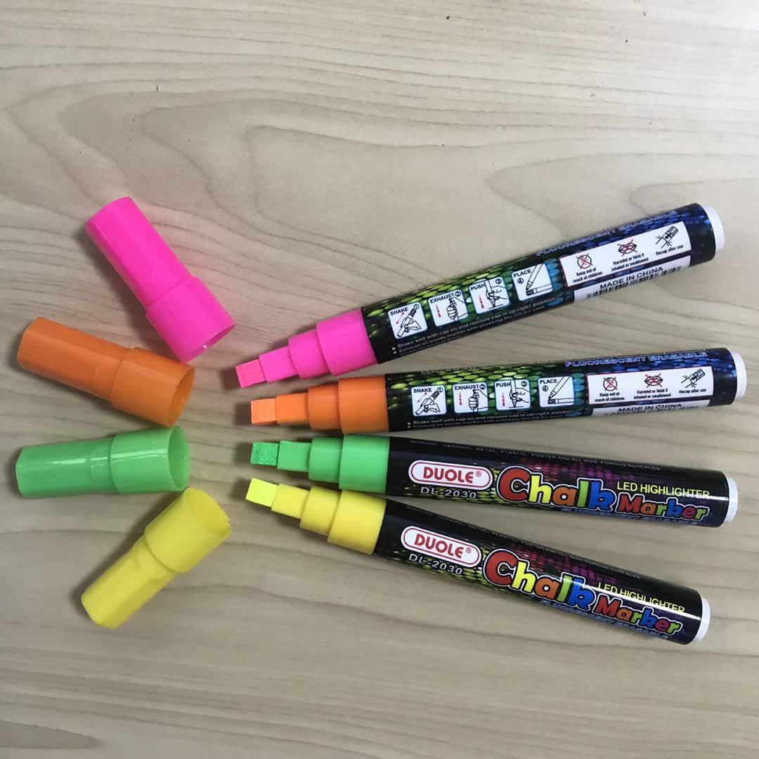 The new square-head valve liquid chalk glass pen lamp board pen features bright colors and smooth writing. 8-color DL-2030 Specification image