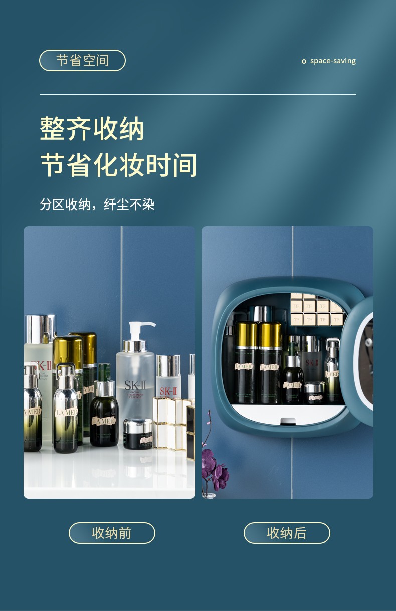 智能壁挂式LED化妆盒带LED灯带显示屏带镜子梳妆盒 转盖防尘化妆品收纳盒详情2