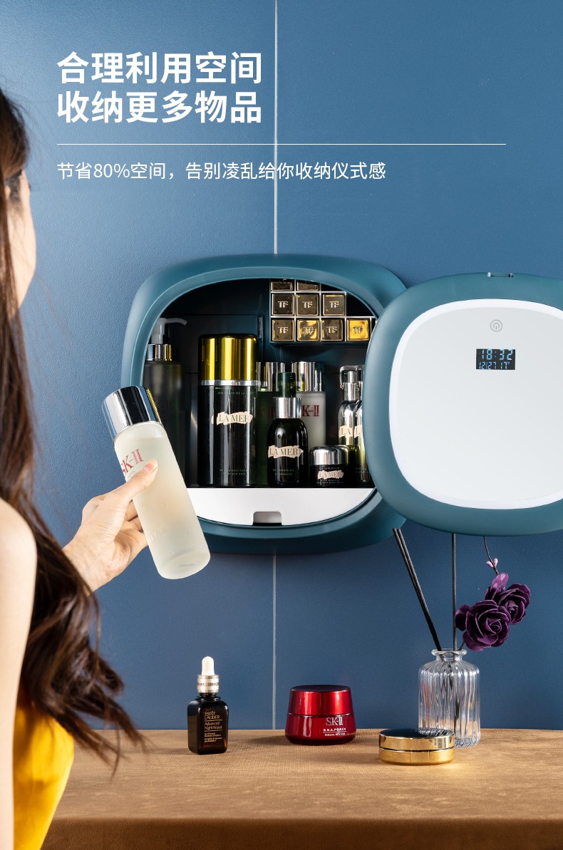 智能壁挂式LED化妆盒带LED灯带显示屏带镜子梳妆盒 转盖防尘化妆品收纳盒详情3