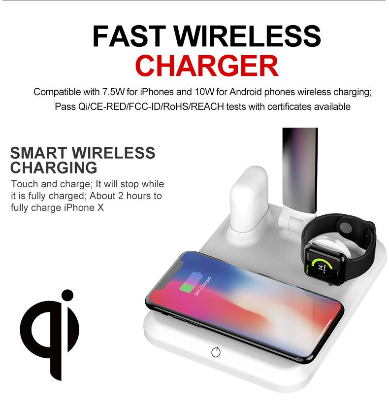 LED smart phone Wireless charging desk lamp folding 4-in-1 for Apple phone watch headphones