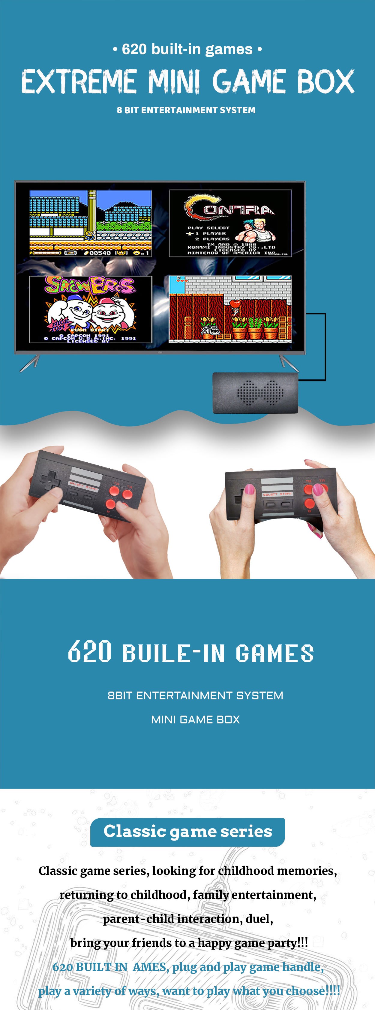 N-8-bit MINI620 AV game console, wireless 2.4G controller, U-Bao Mini Game Console ES detail image 1