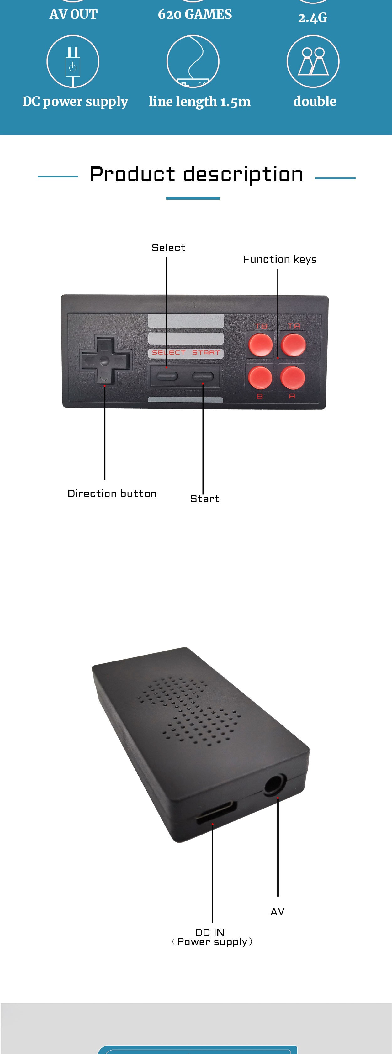 N-8-bit MINI620 AV game console, wireless 2.4G controller, U-Bao Mini Game Console ES detail image 4