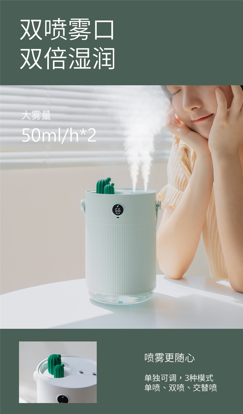 新款H1仙人掌双喷加湿器创意usb家用桌面便携小型双喷补水加湿器详情图6