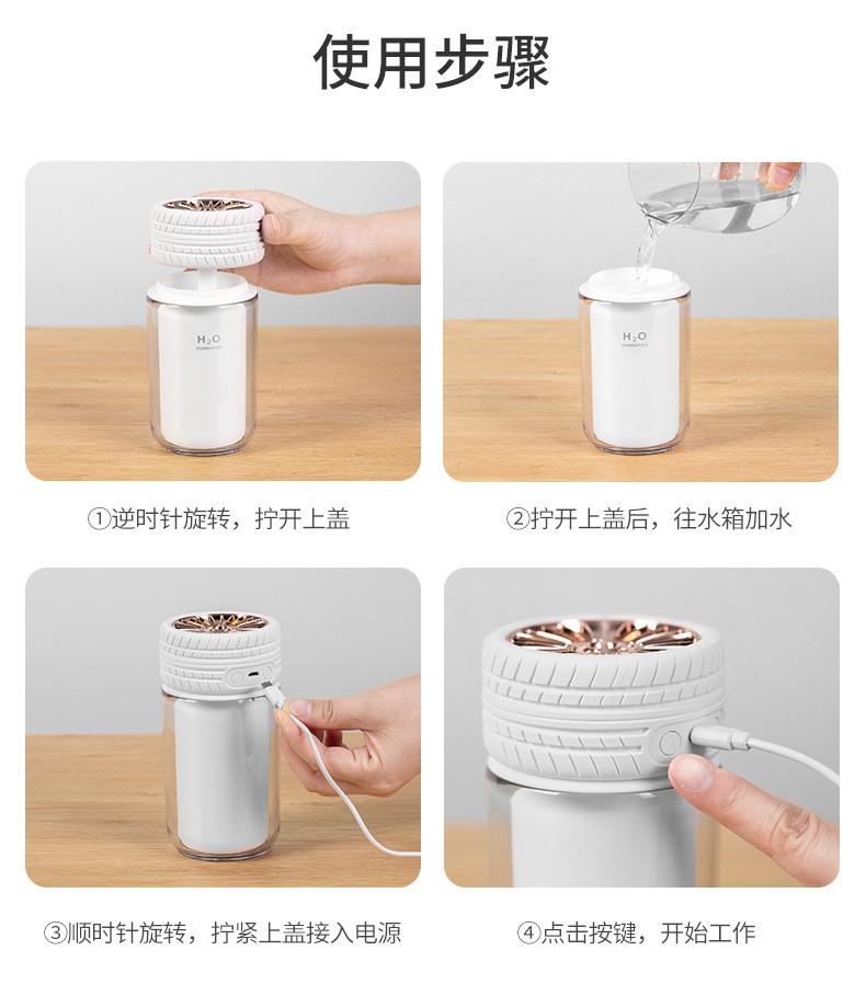 新款创意USB轮胎加湿器车载办公补水桌面夜光迷你加湿器详情图20