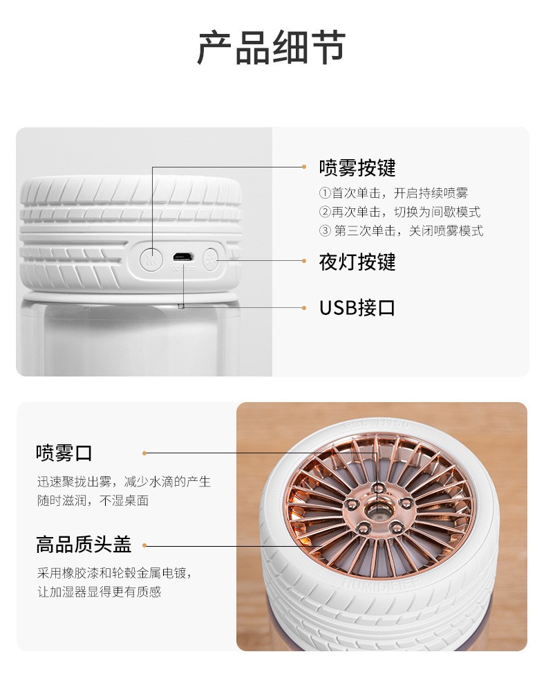 新款创意USB轮胎加湿器车载办公补水桌面夜光迷你加湿器详情图16
