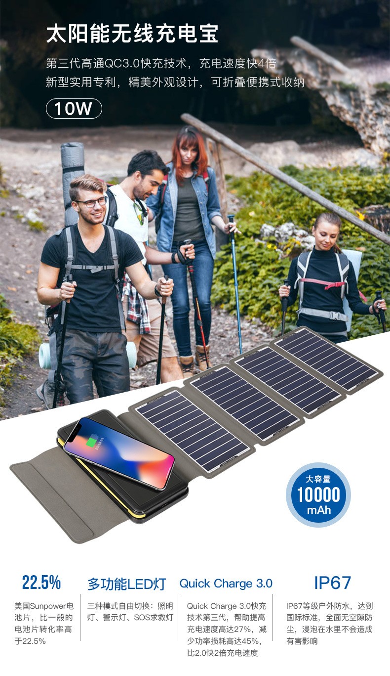 厂家直销10W太阳能充电器无线太阳能充电宝1万毫安移动电源充电详情图6
