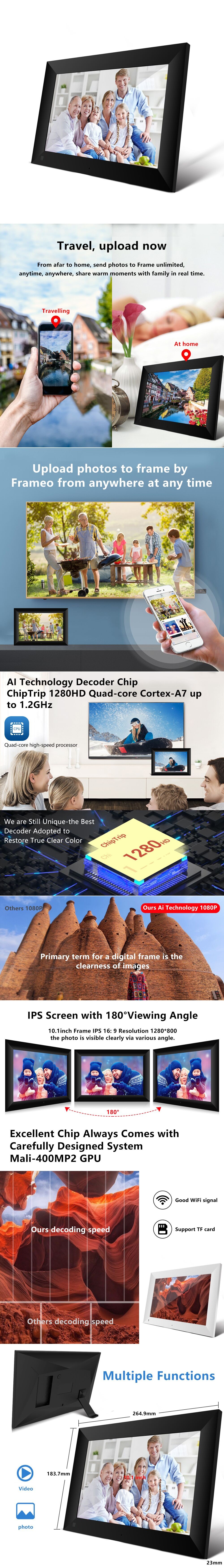 JAVAID  P100 WiFi数码相框10英寸IPS触摸屏高清显示器1920x1200,16 GB 存储，自动旋转详情1