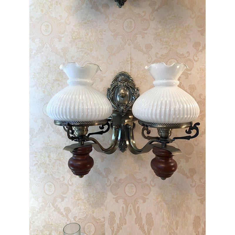 Double white striped glass elegant European bedside wall lamp background wall aisle lamp retro solid wood