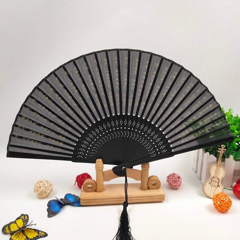 德祯  古风折扇  心经扇  带流苏布艺竹制扇  骨折扇  中国风禅意扇子详情图3