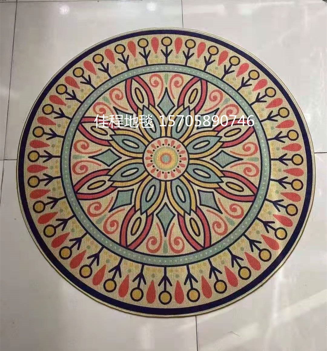 New round high-definition printed linen floor mat, foot mat, kitchen mat, anti-slip mat, ethnic-style foot mat, size 60*60cm full figure