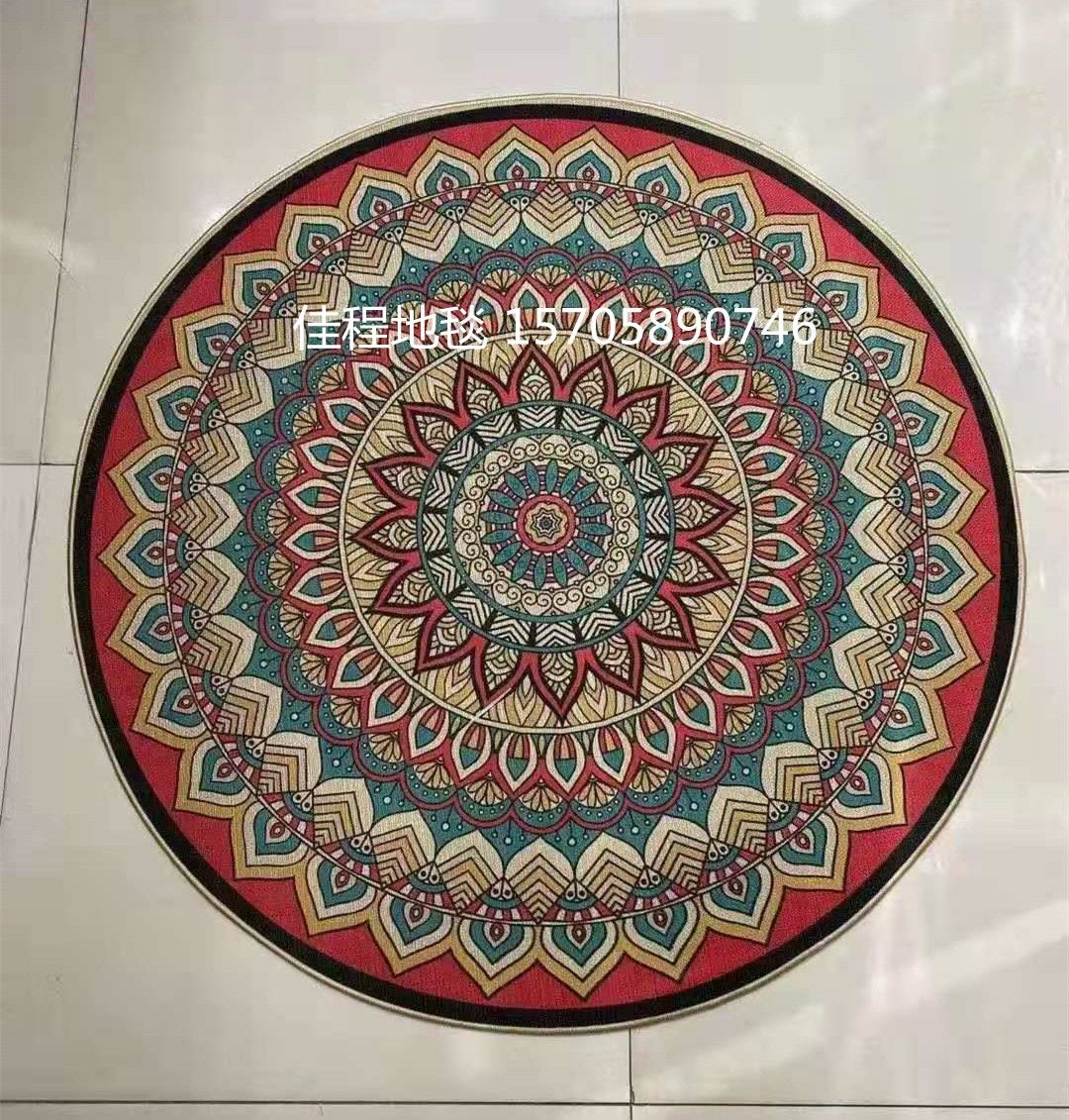 New round high-definition printed linen floor mat, foot mat, kitchen mat, anti-slip mat, ethnic-style foot mat, size 60*60cm details Picture