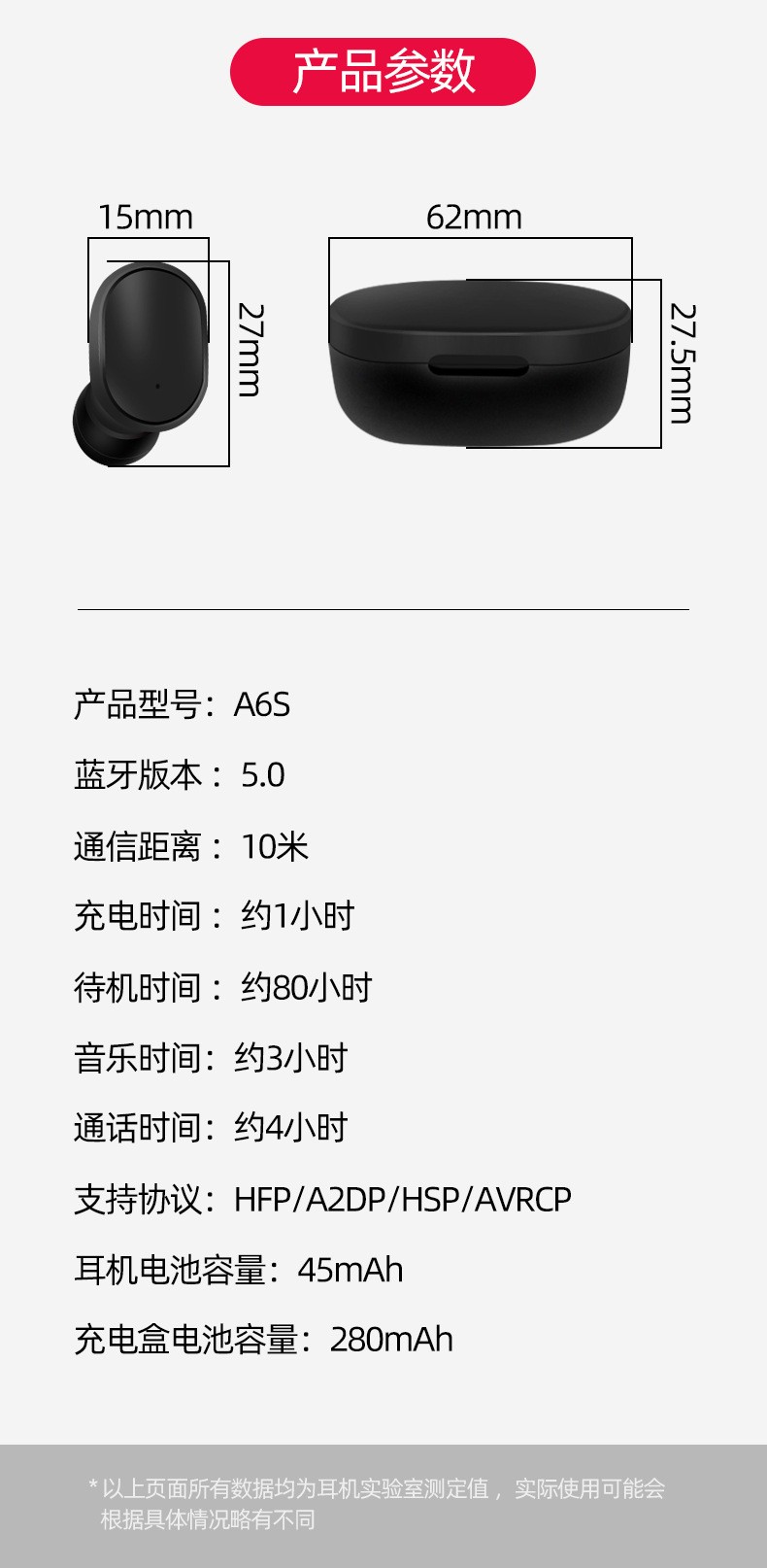 跨境a6s蓝牙耳机5.0 TWS无线运动耳机5适用小米红米Redmi airdots详情图1