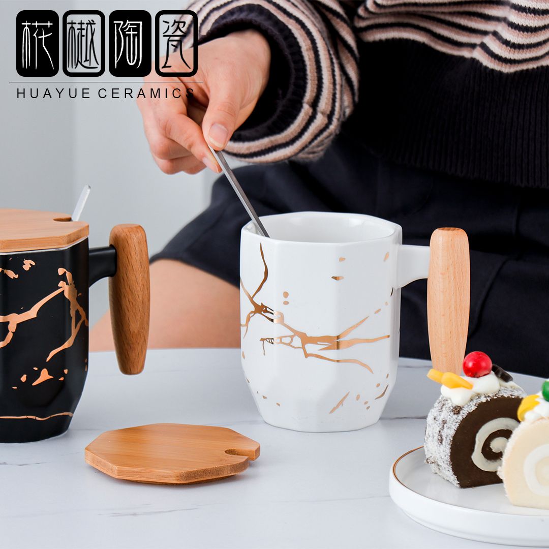 Ceramic Coffee Mug Spoon with lid Simple northern Europe Wooden handle cup thumbnail