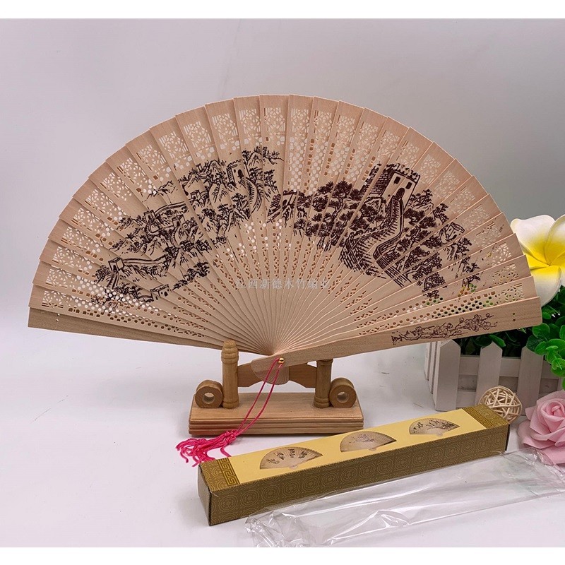 德祯   9寸仿缅香木扇  折扇子  檀香扇  折叠扇  带须加盒礼品扇详情图5