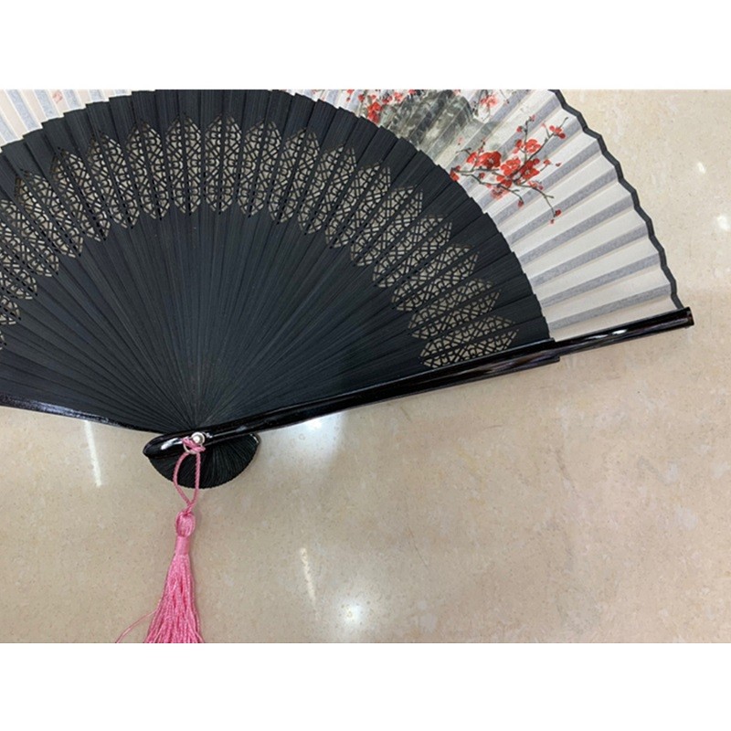 烤漆边手绘喷花梅鸟图折扇  古风折扇  镂空日式和风折叠扇子详情图3