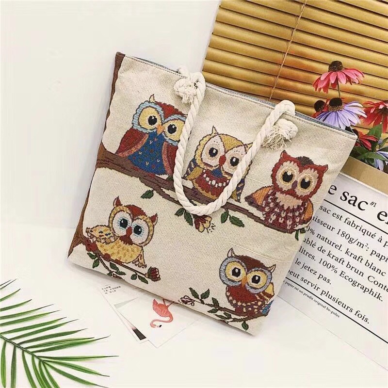 布包休闲购物袋刺绣猫头鹰粗绳布包文艺单肩大容量托特包帆布女包手提大包详情4