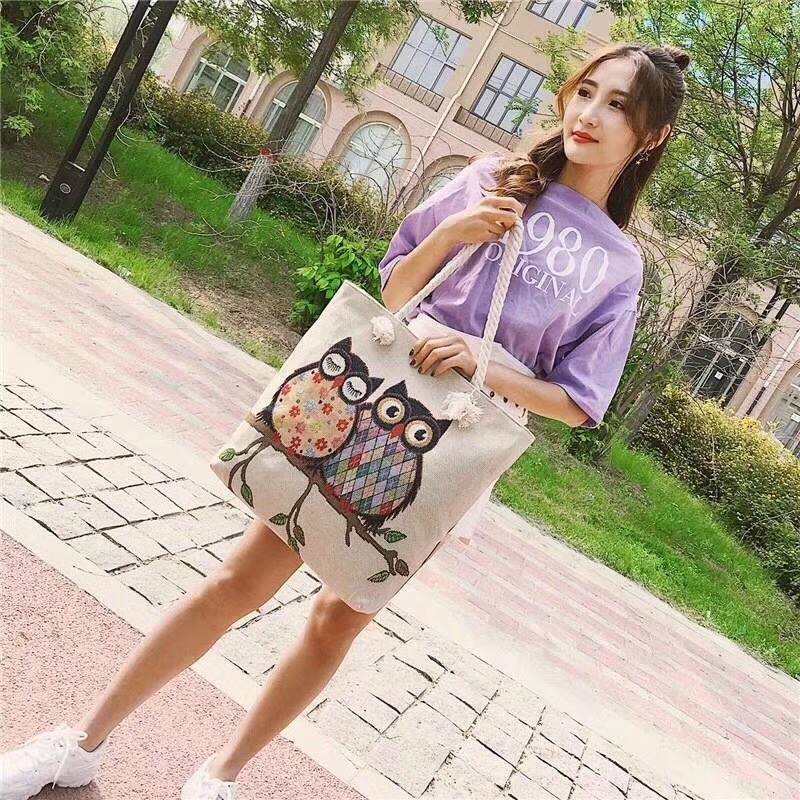 布包休闲购物袋刺绣猫头鹰粗绳布包文艺单肩大容量托特包帆布女包手提大包详情7