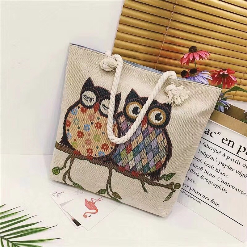 布包休闲购物袋刺绣猫头鹰粗绳布包文艺单肩大容量托特包帆布女包手提大包详情2