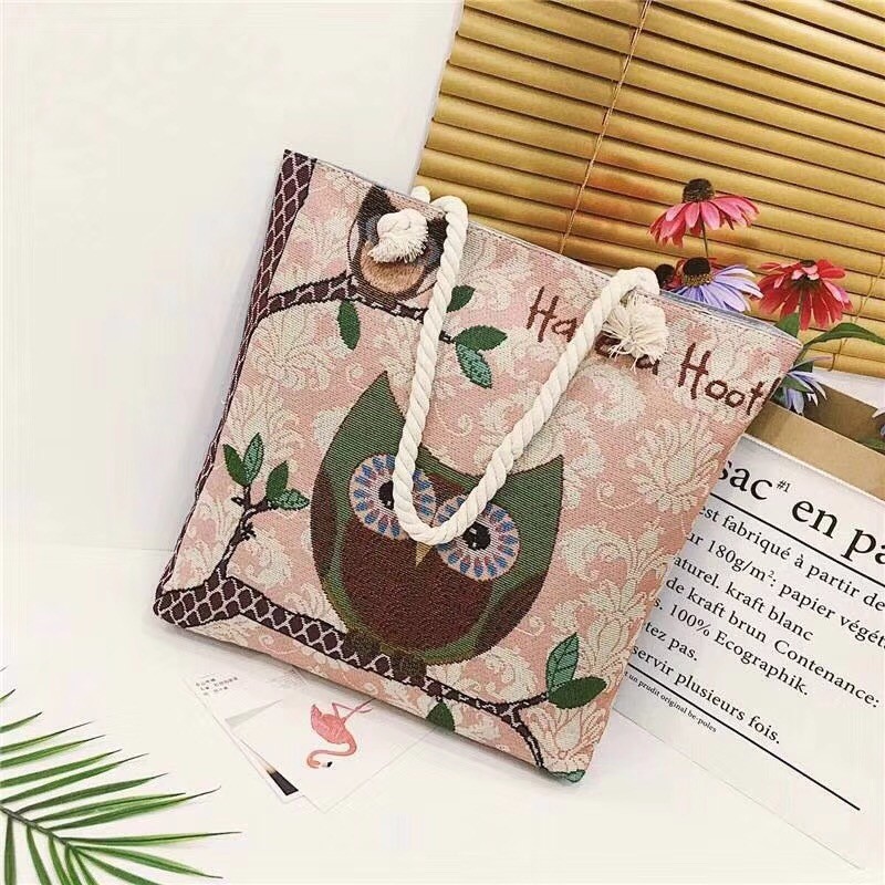 布包休闲购物袋刺绣猫头鹰粗绳布包文艺单肩大容量托特包帆布女包手提大包详情3