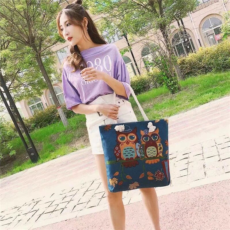 布包休闲购物袋刺绣猫头鹰粗绳布包文艺单肩大容量托特包帆布女包手提大包详情6