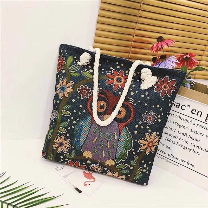 布包休闲购物袋刺绣猫头鹰粗绳布包文艺单肩大容量托特包帆布女包手提大包详情5