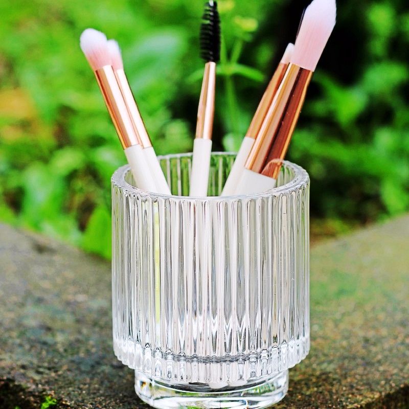 简约欧式风格竖条纹透明玻璃烛台 玻璃化妆刷收纳罐