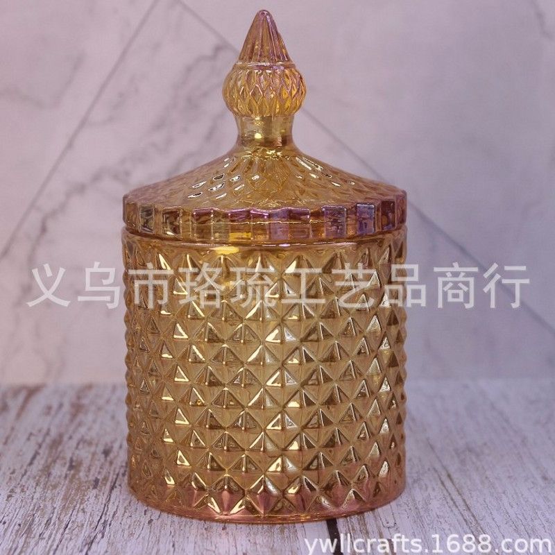 Manufacturer source electroplated glass candy jar Home decoration ware candle jar amber seven color