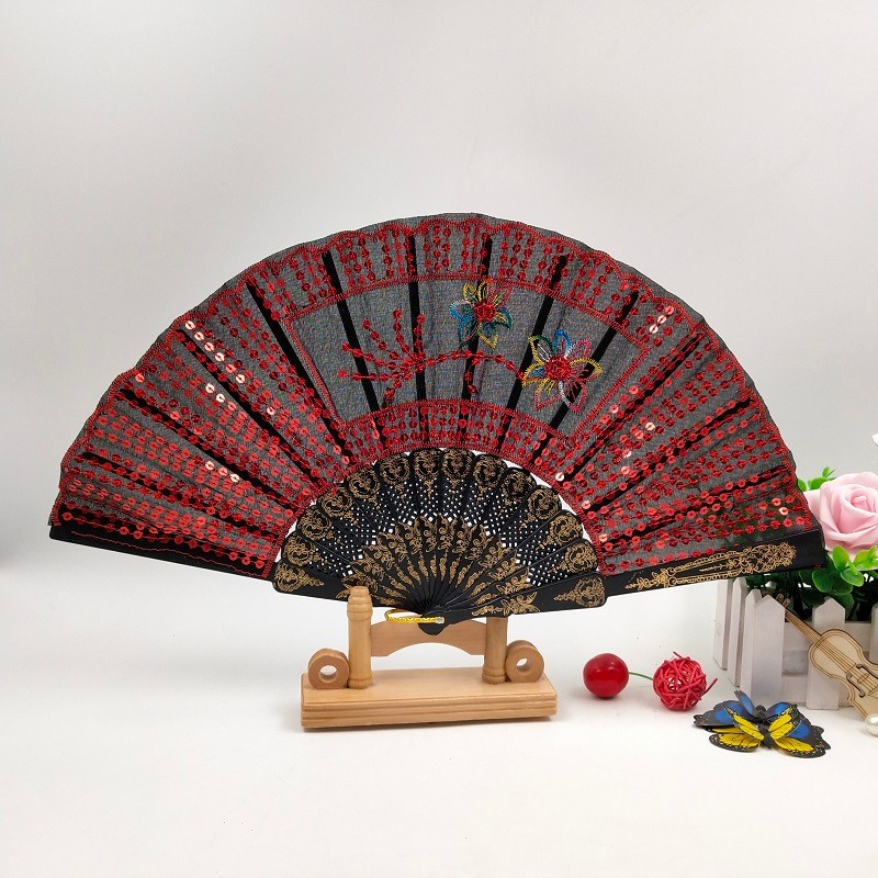 黑杆满绣亮片扇厂家直销定制广告扇子西班牙跳舞扇布扇工艺扇批发详情图4