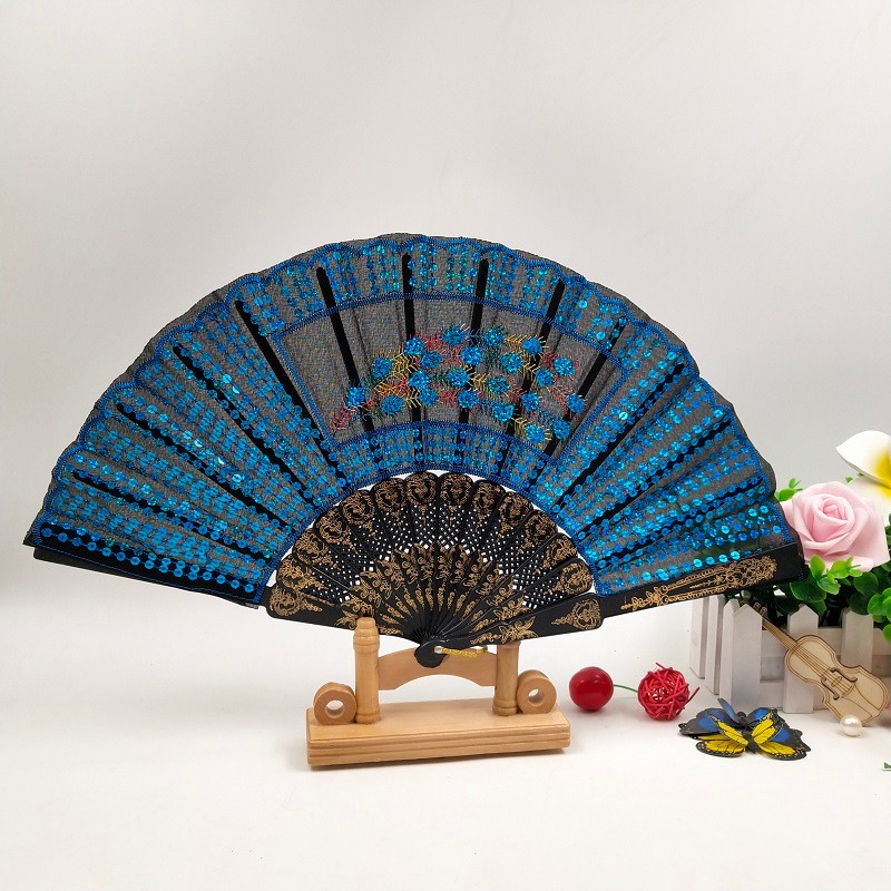 黑杆满绣亮片扇厂家直销定制广告扇子西班牙跳舞扇布扇工艺扇批发详情图2