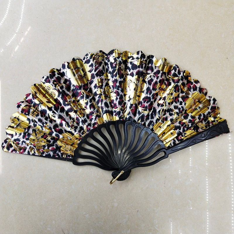 Leopard print gilded plastic fan factory direct sales, customized advertising fans, Spanish dance fans, fabric fans, craft fans wholesale details Picture