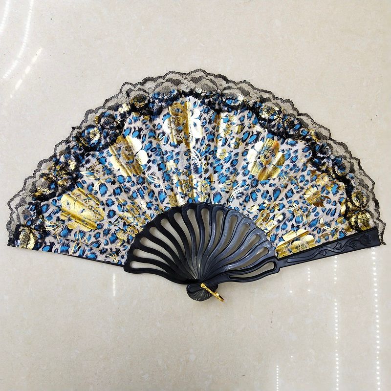 Leopard print gilded plastic fan factory direct sales, customized advertising fans, Spanish dance fans, fabric fans, craft fans wholesale Specification image