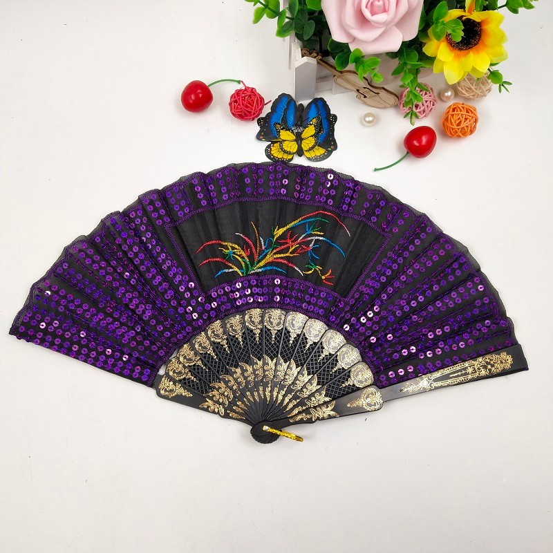 黑杆满绣亮片扇厂家直销定制广告扇子西班牙跳舞扇布扇工艺扇批发详情图7