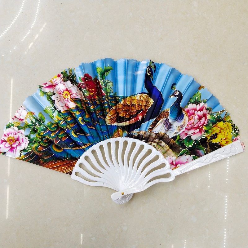 塑料烫金绸布孔雀扇 厂家定制广告扇子  西班牙跳舞扇  布扇  工艺扇  批发