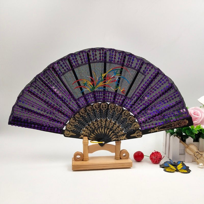 黑杆满绣亮片扇厂家直销定制广告扇子西班牙跳舞扇布扇工艺扇批发细节图