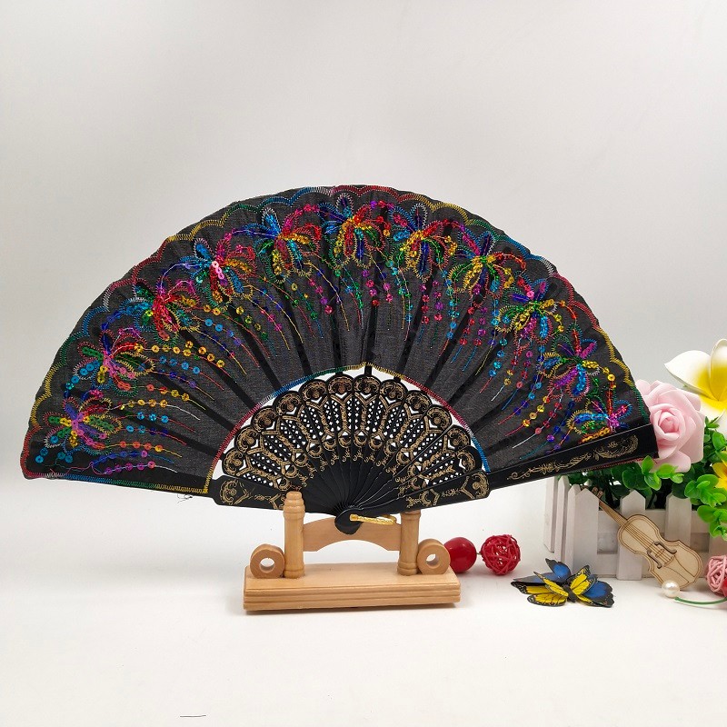 塑料亮片绣花扇  厂家直销定制广告扇子  西班牙跳舞扇  布扇  工艺扇   批发详情图6