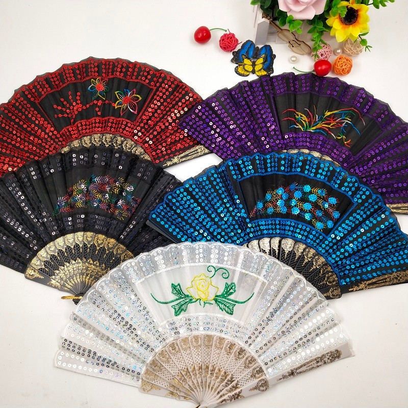黑杆满绣亮片扇厂家直销定制广告扇子西班牙跳舞扇布扇工艺扇批发详情图1