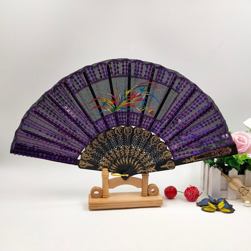 黑杆满绣亮片扇厂家直销定制广告扇子西班牙跳舞扇布扇工艺扇批发详情图5