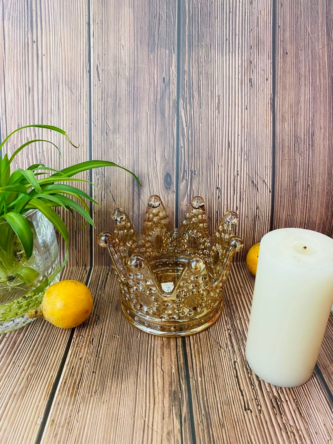 The large colored relief design glass crown candlestick is romantic and artistic pic 1