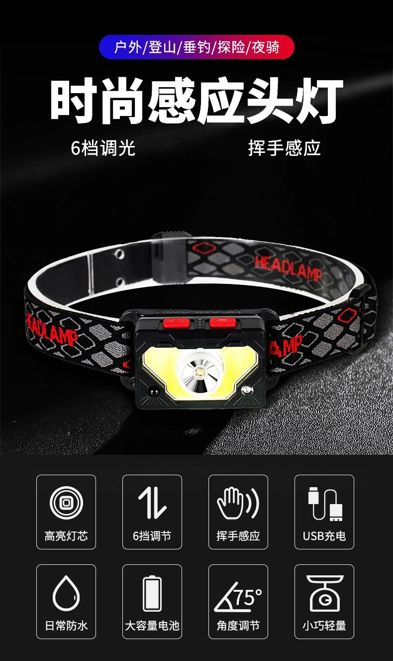 SL10USB Charging, hand-waving sensor, COB headlight, fishing light, magnetic tent light, Night running and Cycling light, Strong headlight detail image 1
