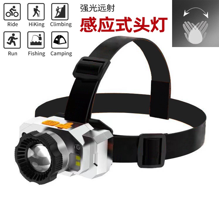 81008 doble fuente de luz USB recargable smart waving sensor headlight linterna luz frontal luz de mina luz de pesca detail image 1