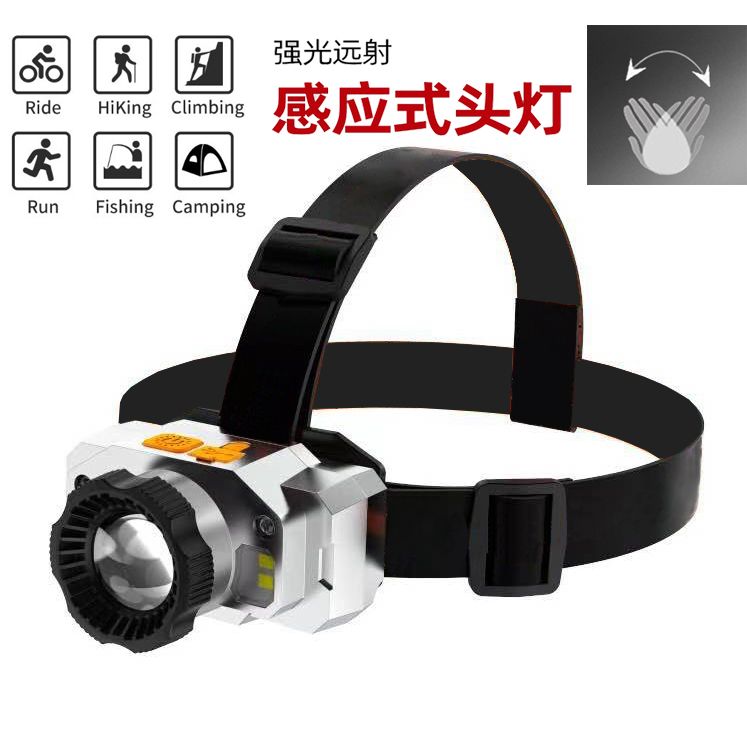 81008 doble fuente de luz USB recargable smart waving sensor headlight linterna luz frontal luz de mina luz de pesca