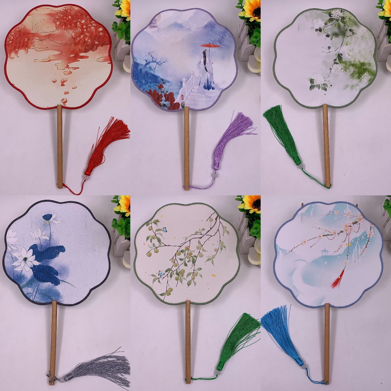 Ancient-style folding fans, Hanfu court fans, round fans, cheongsam show fans, silk fabric petal plum blossom-shaped palace fans, lace folding fans detail image 1