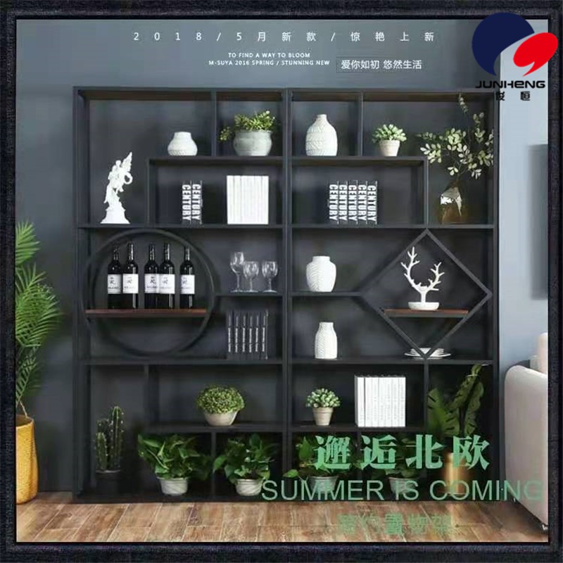 Ironwork antique display stand, living room and office partition storage rack, modern and simple floor-standing screen, steel and wood display stand detail image 5